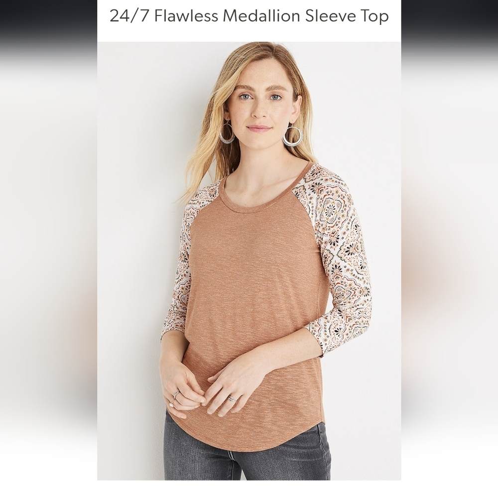 Maurices Brown Top with Patterned Sleeves - Picture 4 of 5